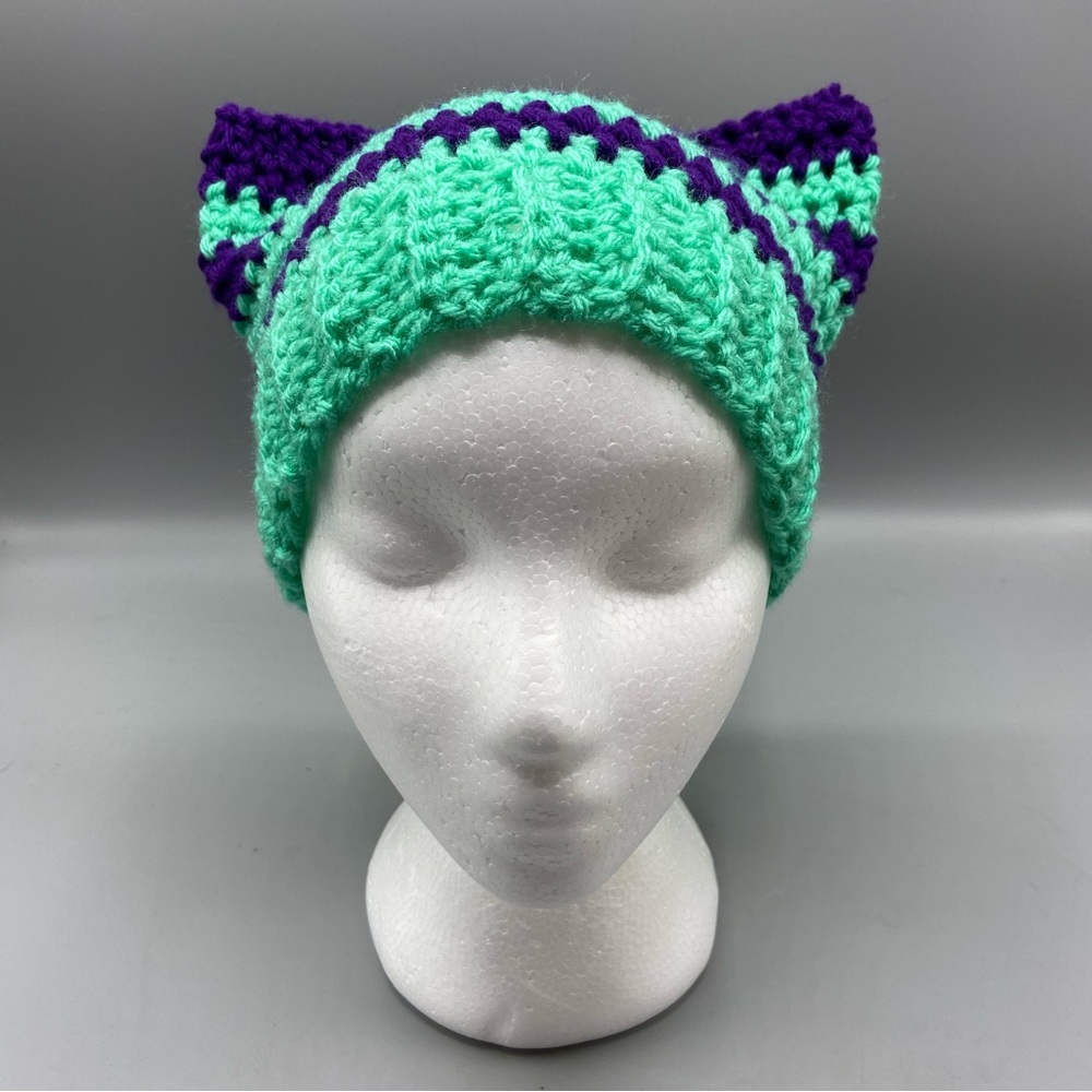 Cat beanie hat crochet handmade new purple turquoise kawaii